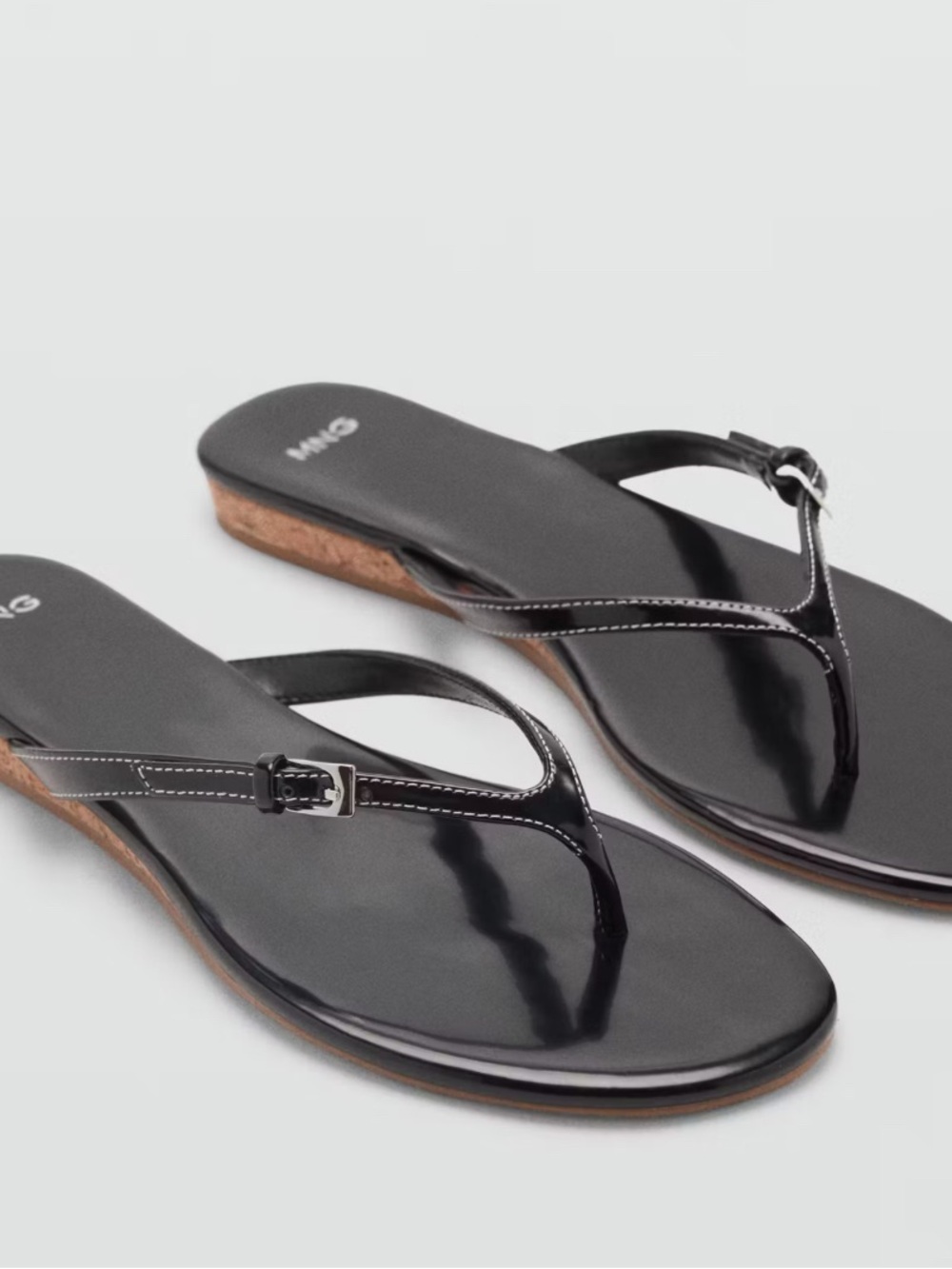 Mango Black Patent Thong Sandals with Buckle Detail Size 6.5